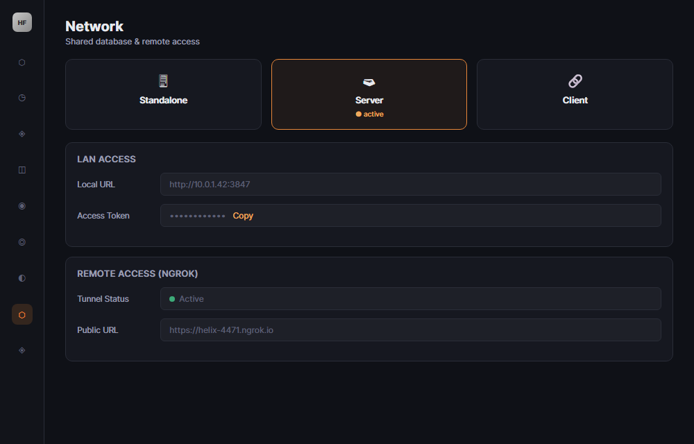 Helix Forge Network screen showing server mode, LAN URL, and remote tunnel status