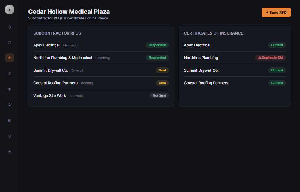 Helix Forge bid detail screen showing subcontractor RFQ status and certificate of insurance tracking