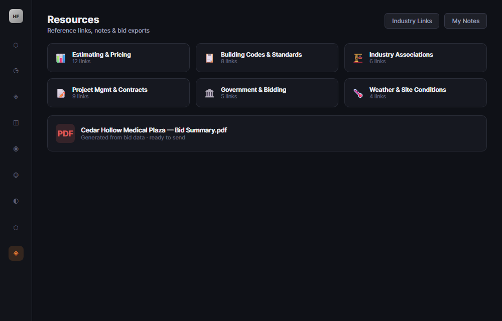 Helix Forge Resources screen showing industry link categories and a generated bid summary PDF